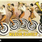 five musicians ride unicycles while playing instruments
