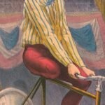 man sits on bicycle in painting